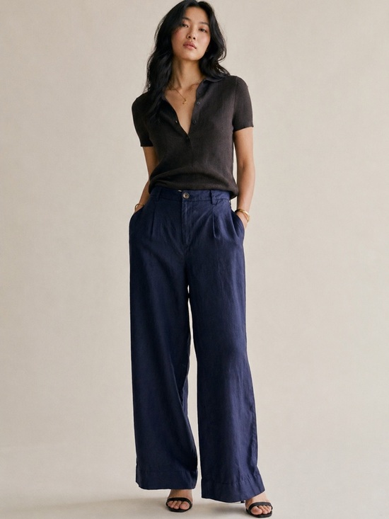 Simons Pants - Simons Contemporaine Organic Linen Wide Leg Trouser Pants Size 14 Navy Blue